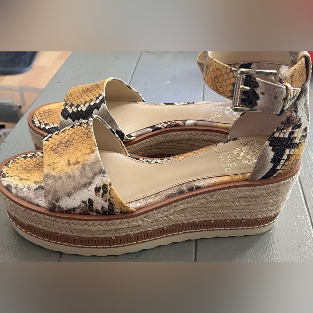Vince Camuto Yellow and Brown Snakeskin Wedges
